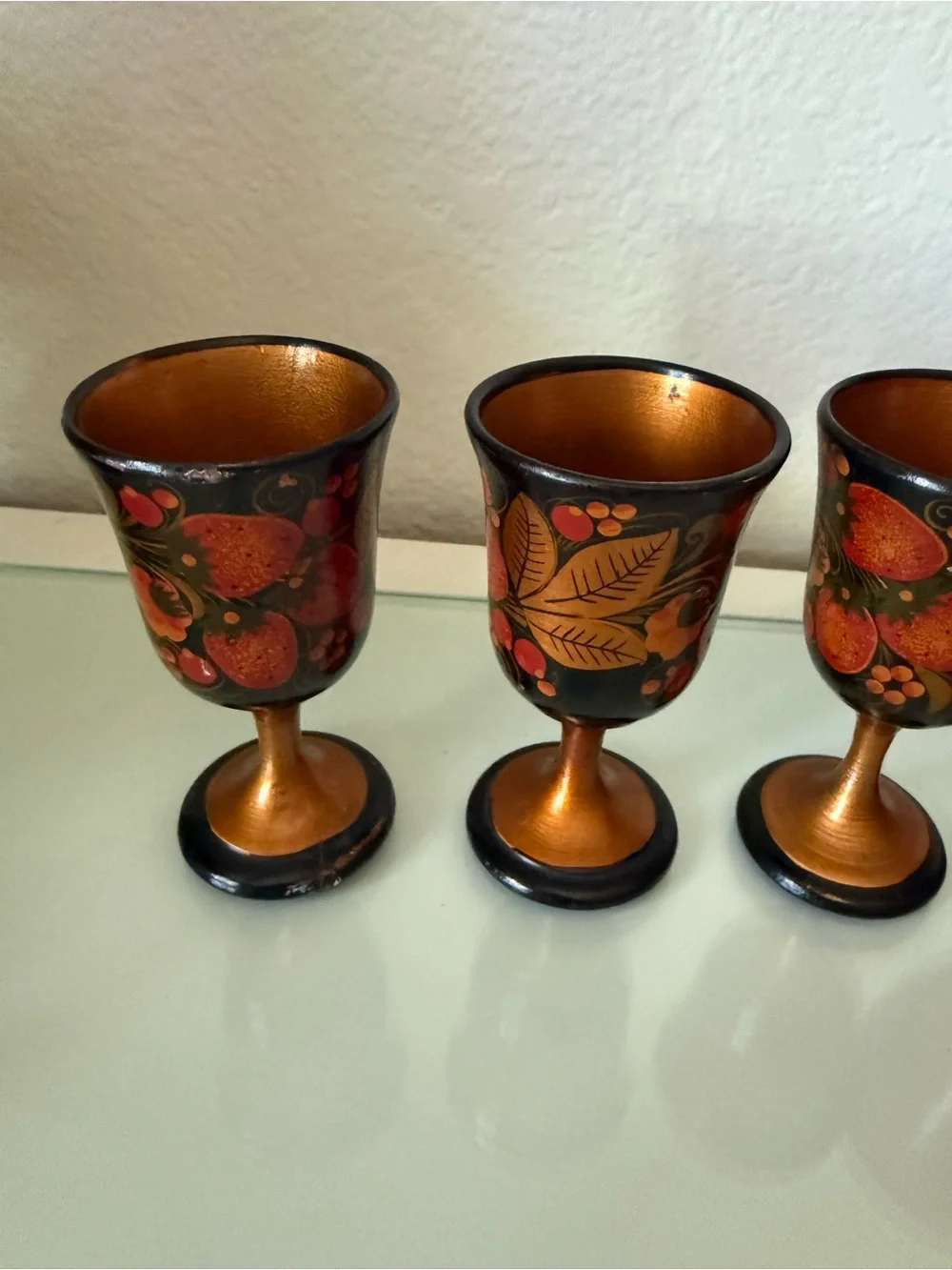 Russian Lacquer Hand-Painted Decorative Wooden Cups Set - 5 Vtg